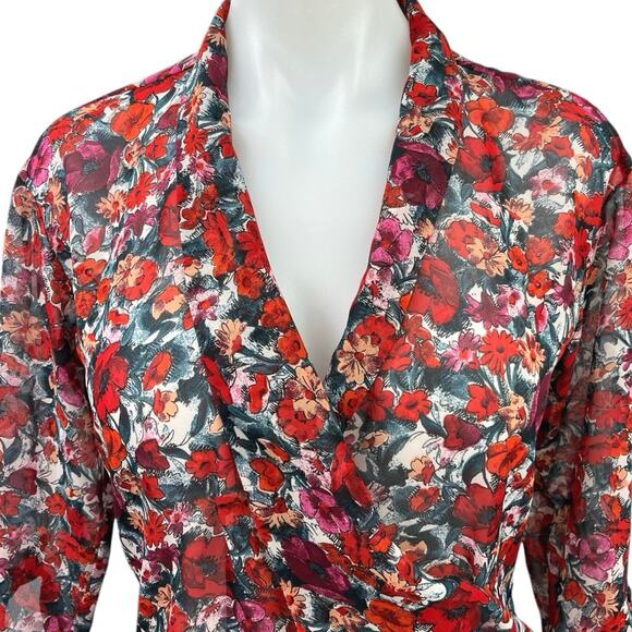 Asos Red Black Floral Print V-Neck 3/4 Sleeve Career Office Shirt Blouse Top 2 - Picture 3 of 5